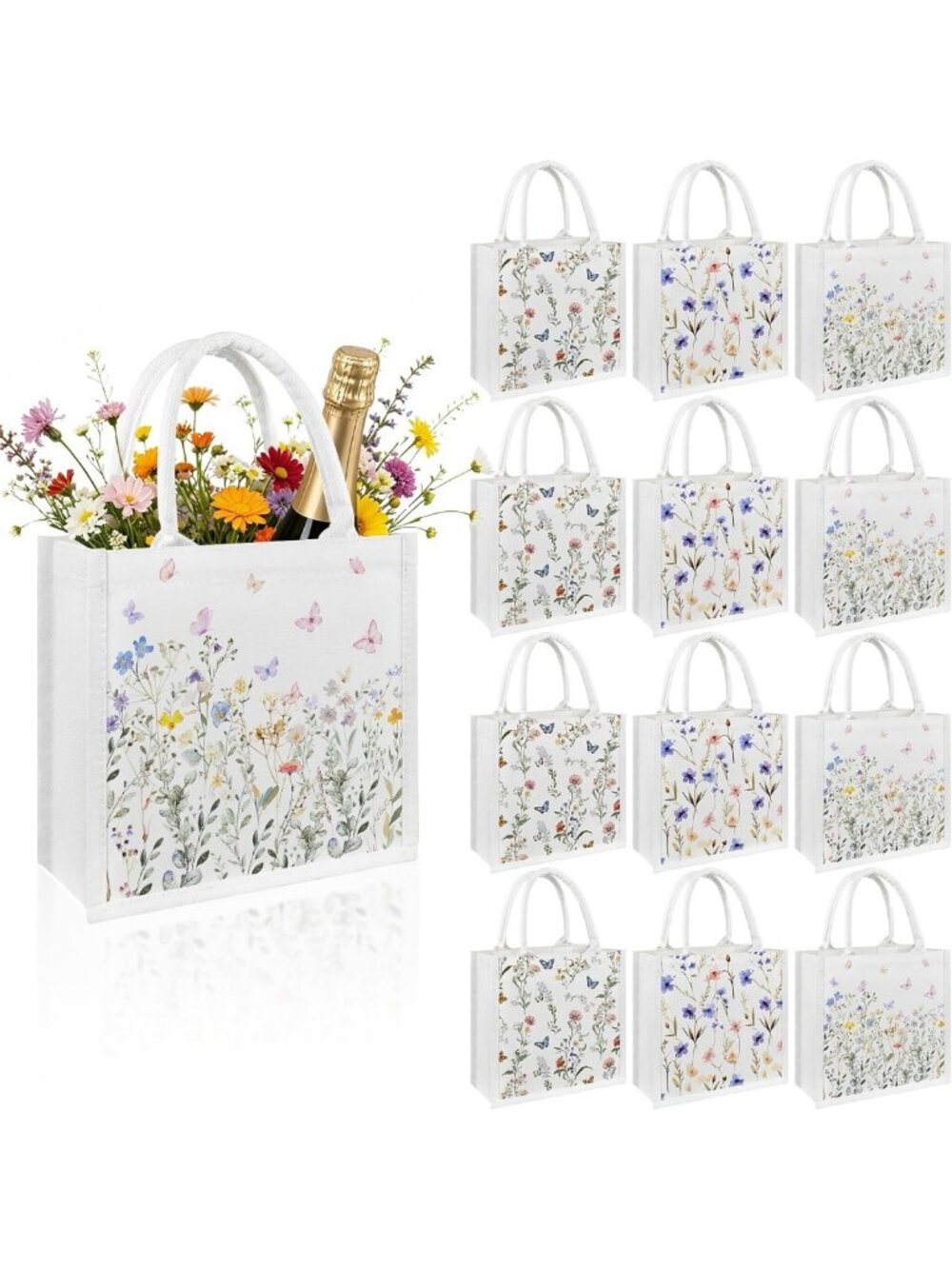Floral Burlap Tote Bag - Blue & White Chinoiserie Jute Bag with Handles for
